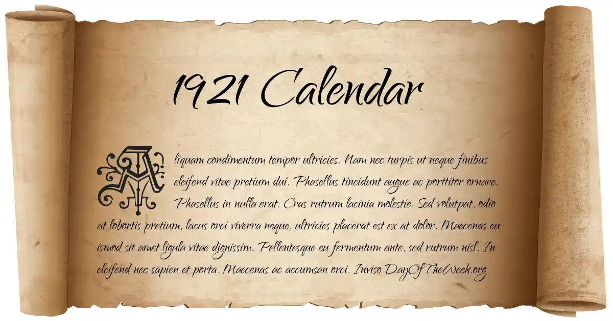 1921 Calendar What Day Of The Week