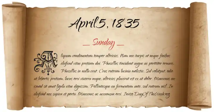 Sunday April 5, 1835