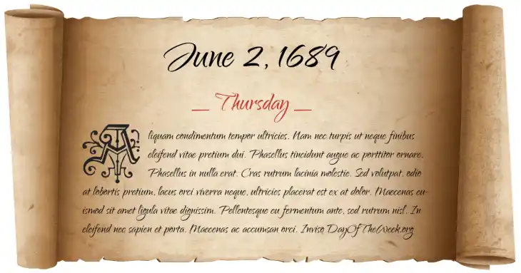 Thursday June 2, 1689