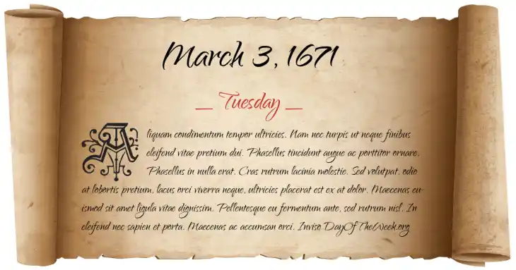 Tuesday March 3, 1671